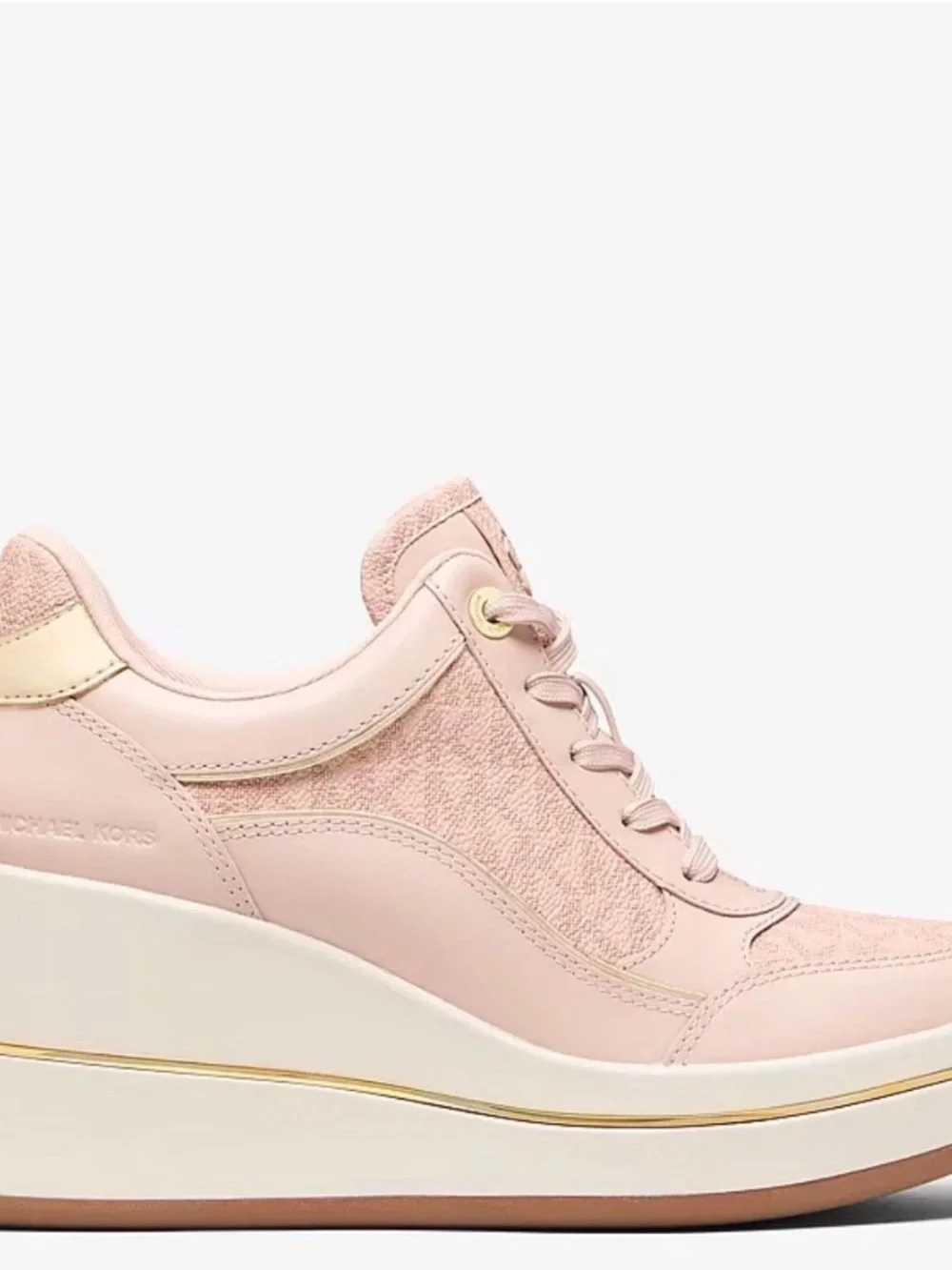 Michael Kors Size 8 Blush Pink Wedge Platform Sneaker with Gold Trim New In Box